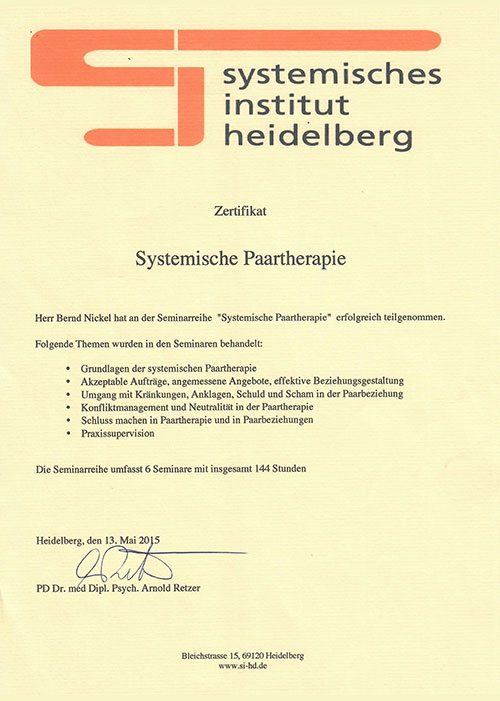 Systemisches Institut Heidelberg - Zertifikat 2019 Bernd Nickel