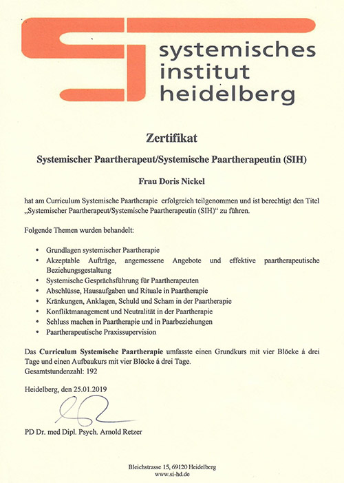 Systemisches Institut Heidelberg - Zertifikat 2019 Doris Nickel